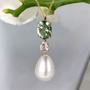 Golden Oval Cut Pearl & Peridot Pendant Necklace 925 Sterling Silver